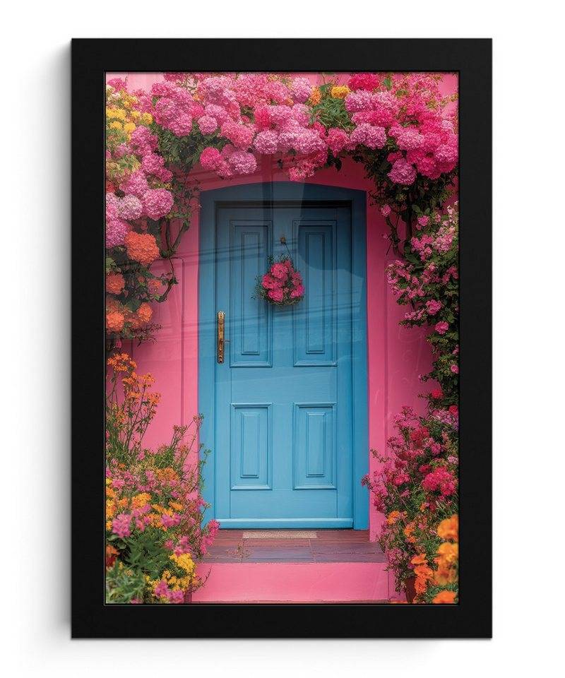 MuchoWow Poster Blumen - Tür - Rosa, (1 St), Bilderrahmen, Zimmer Deko, Bild für Wohnzimmer, 20x30 cm von MuchoWow