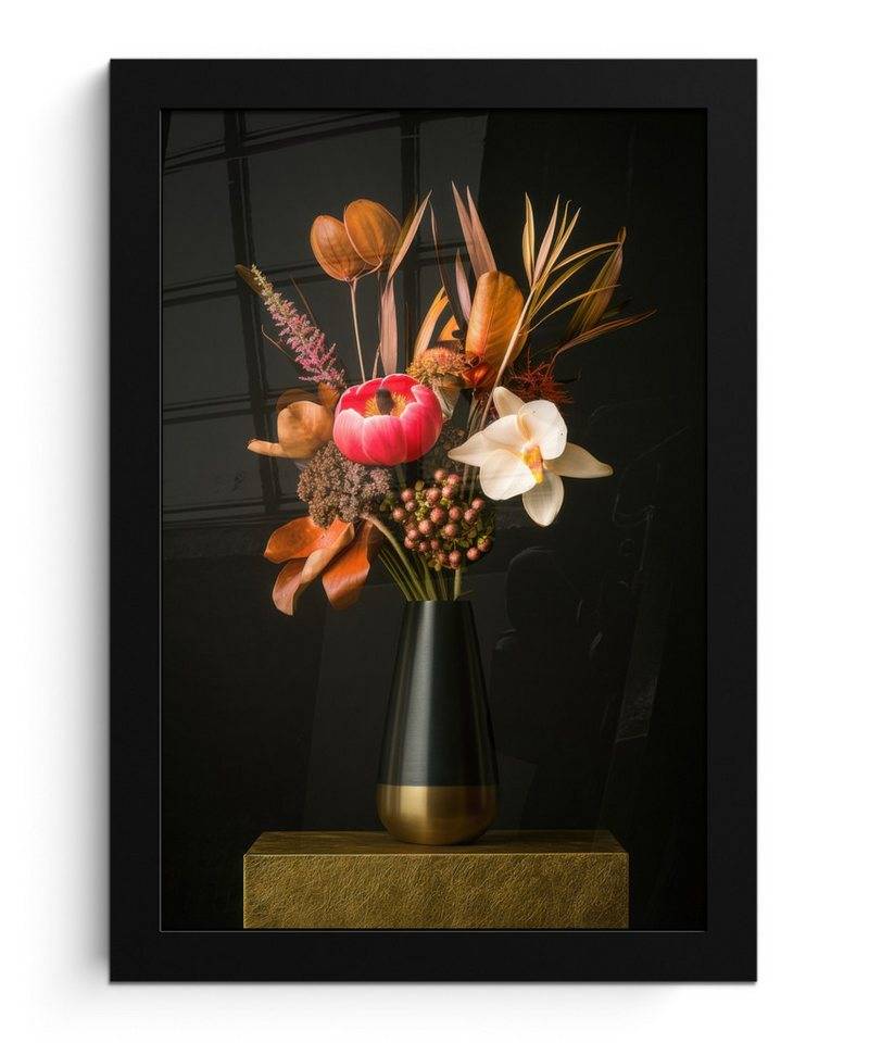 MuchoWow Poster Blumenstrauß - Orange - Gold - Vase, (1 St), Bilderrahmen, Zimmer Deko, Bild für Wohnzimmer, 20x30 cm von MuchoWow