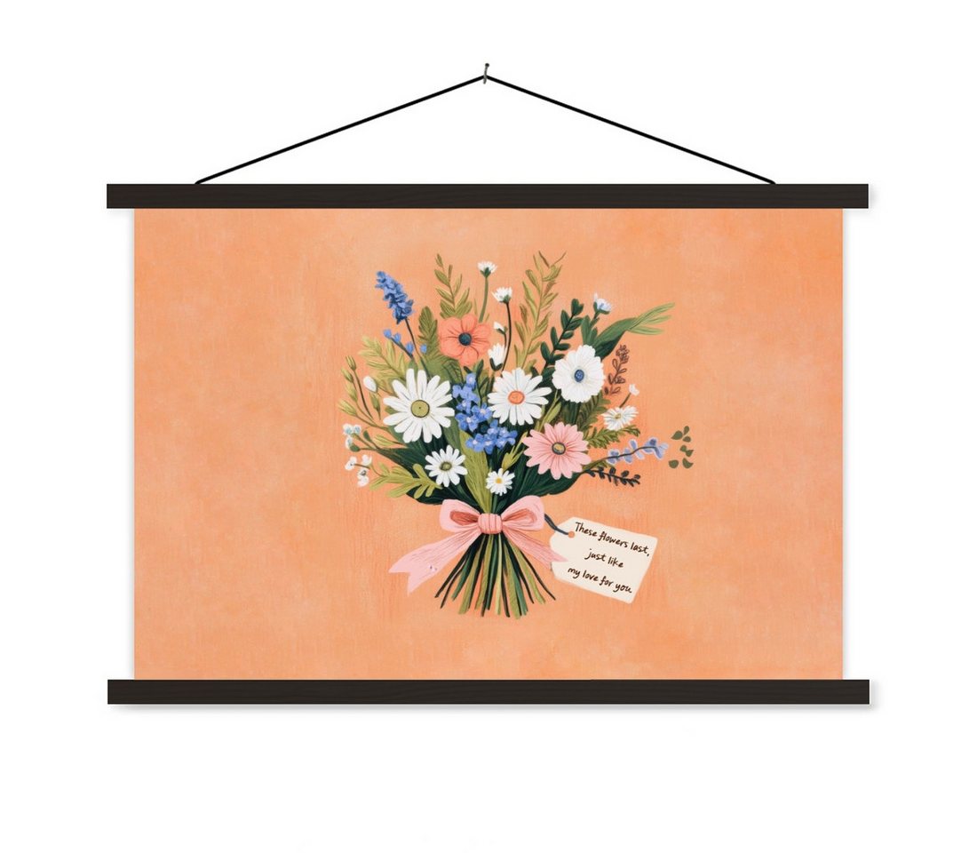 MuchoWow Poster Blumenstrauß - Schleife - Zitat, (1 St), Magnetische Posterleiste, Holzleisten, Textilposter, 60x40 cm von MuchoWow
