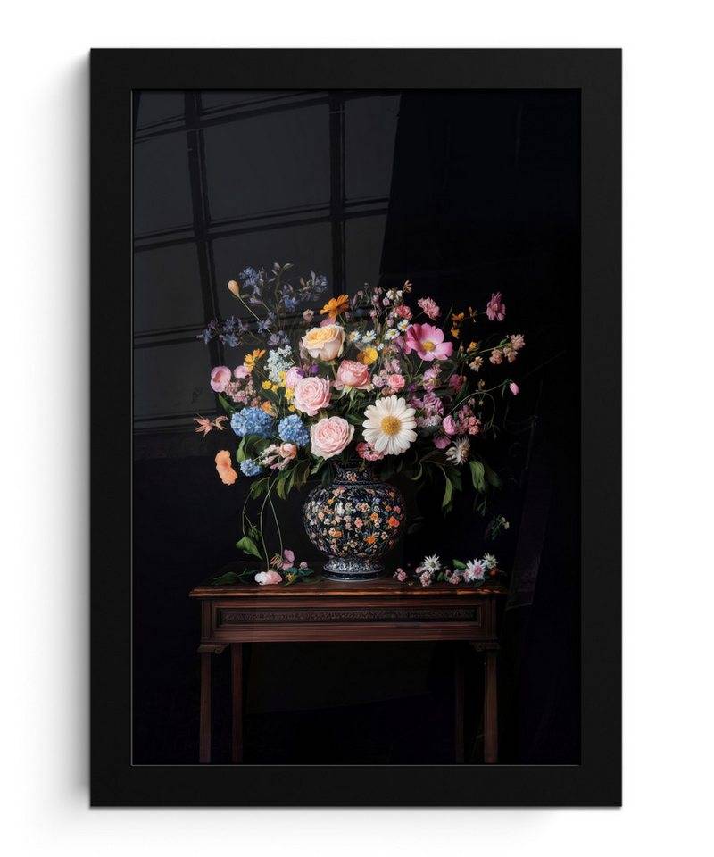 MuchoWow Poster Blumenvase - Holz - Blumen - Blumenstrauß, (1 St), Bilderrahmen, Zimmer Deko, Bild für Wohnzimmer, 20x30 cm von MuchoWow