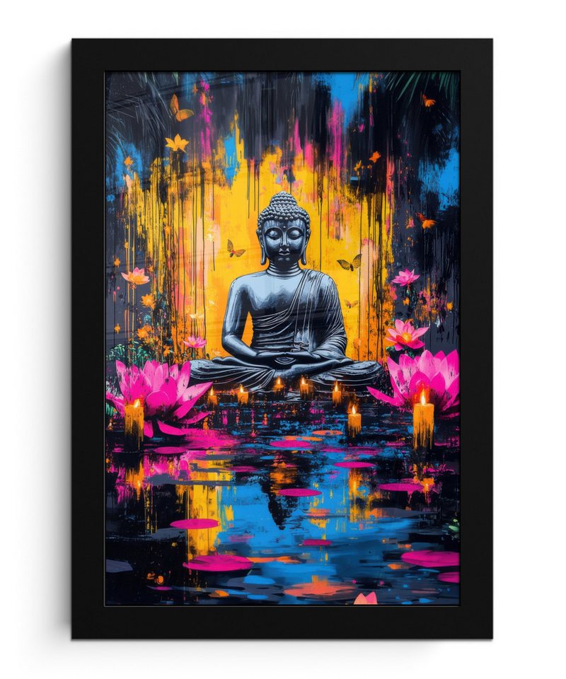 MuchoWow Poster Buddha - Blumen - Kerzen - Gelb, (1 St), Bilderrahmen, Zimmer Deko, Bild für Wohnzimmer, 20x30 cm von MuchoWow