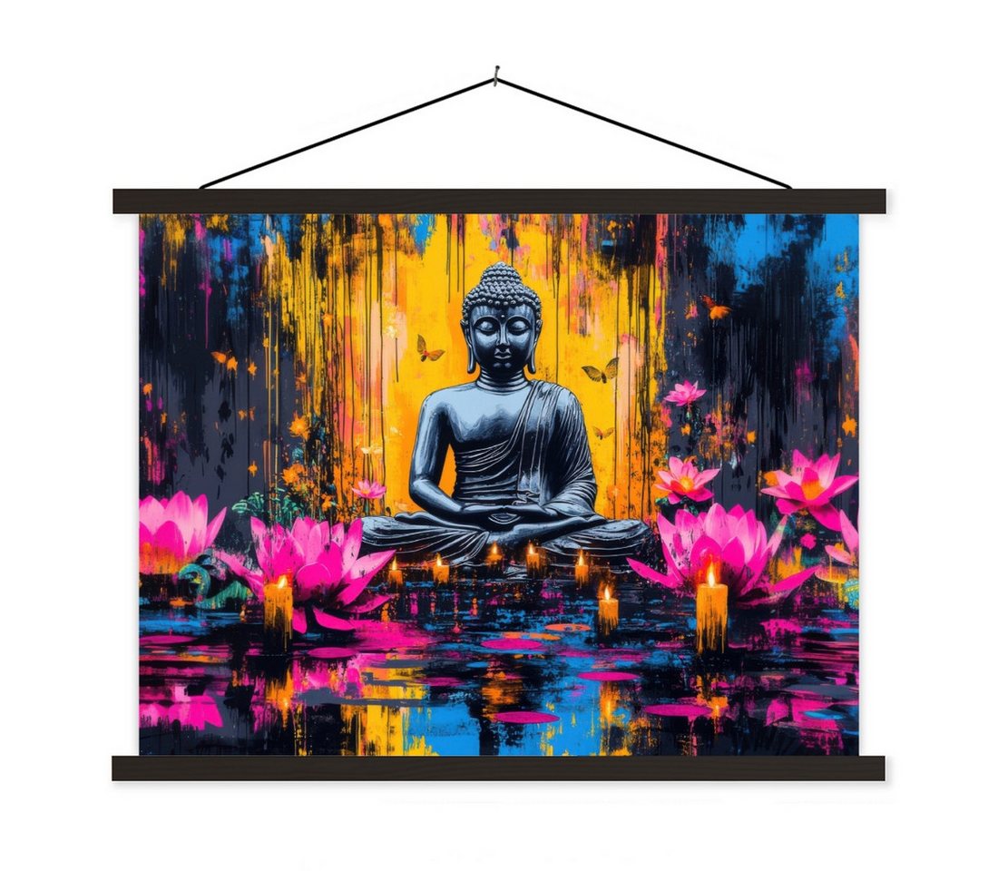 MuchoWow Poster Buddha - Blumen - Kerzen - Gelb, (1 St), Magnetische Posterleiste, Holzleisten, Textilposter, 40x30 cm von MuchoWow