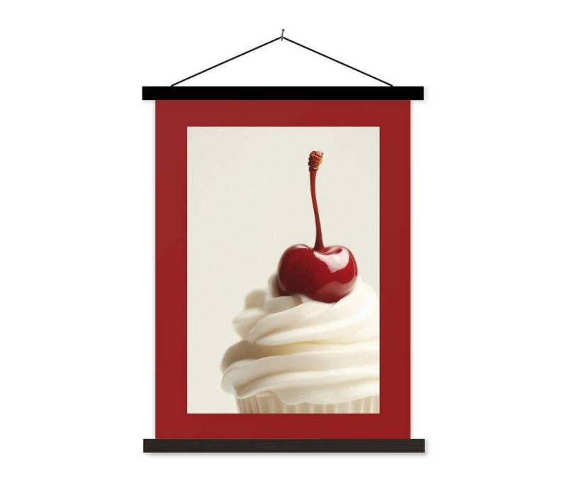 MuchoWow Poster Cupcake - Kirsche - Rot, (1 St), Magnetische Posterleiste, Holzleisten, Textilposter, 40x53 cm von MuchoWow