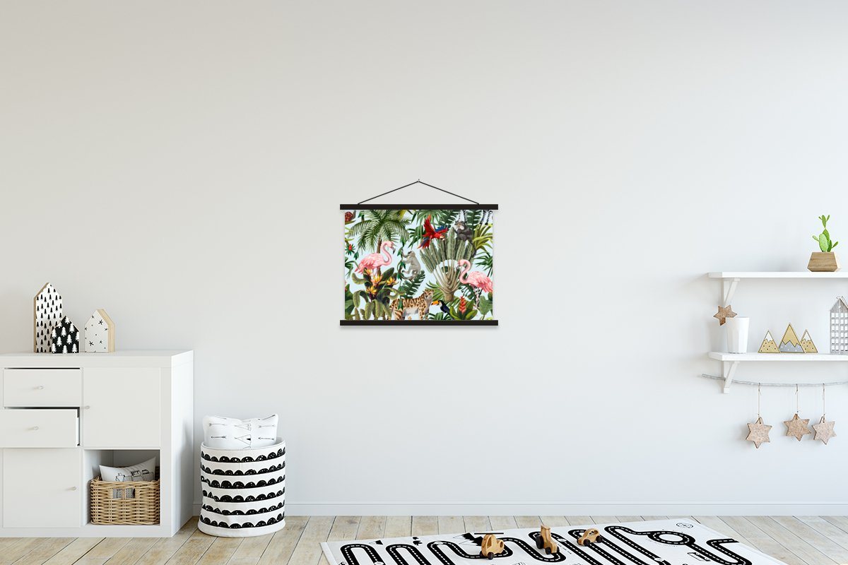 MuchoWow Poster Dschungel - Tiere - Mädchen - Kinder - Jungen - Flamingo - Papagei, (1 St), Magnetische Posterleiste, Holzleisten, Textilposter, 40x30 cm von MuchoWow