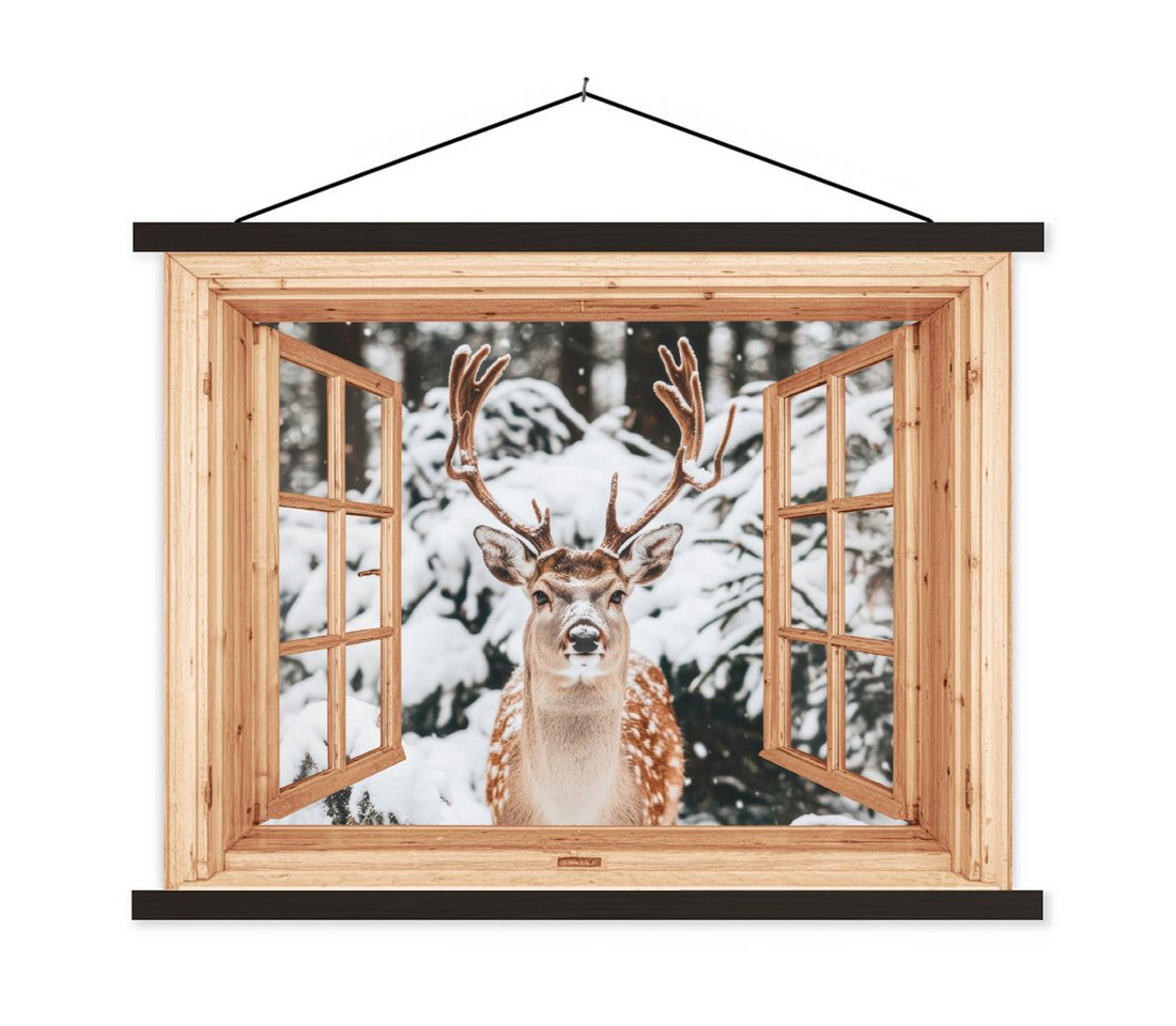 MuchoWow Poster Durchsichtig - Hirsche - Schnee - Winter - Wald - Tiere, (1 St), Magnetische Posterleiste, Holzleisten, Textilposter, 40x30 cm von MuchoWow
