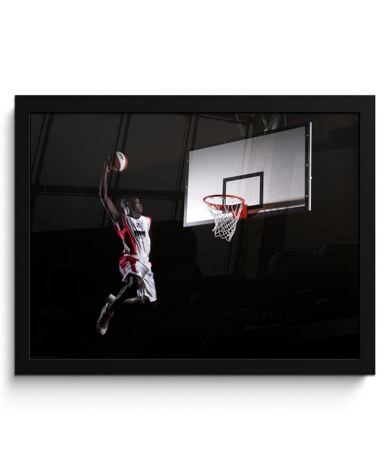 MuchoWow Poster Ein Basketballspieler wirft den Basketball in den Korb, (1 St), Bilderrahmen, Deko für Wohnzimmer und Schlafzimmer, 40x30 cm von MuchoWow