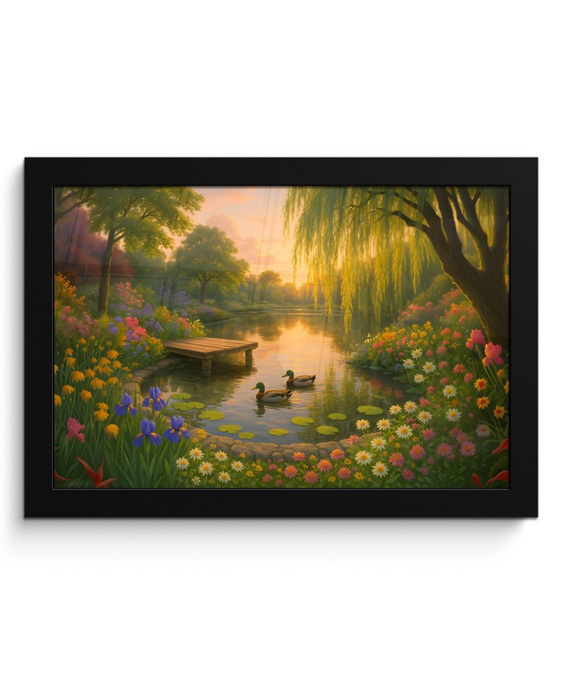 MuchoWow Poster Enten - Teich - Blumen, (1 St), Wandbilder, Deko Wohnzimmer Schlafzimmer, 30x20 cm von MuchoWow