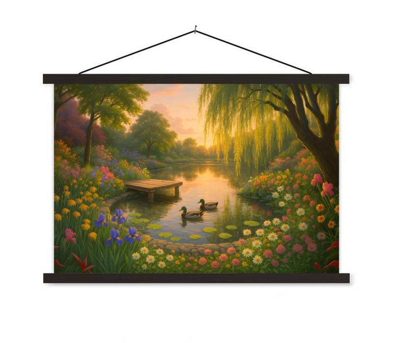 MuchoWow Poster Enten - Teich - Blumen von MuchoWow