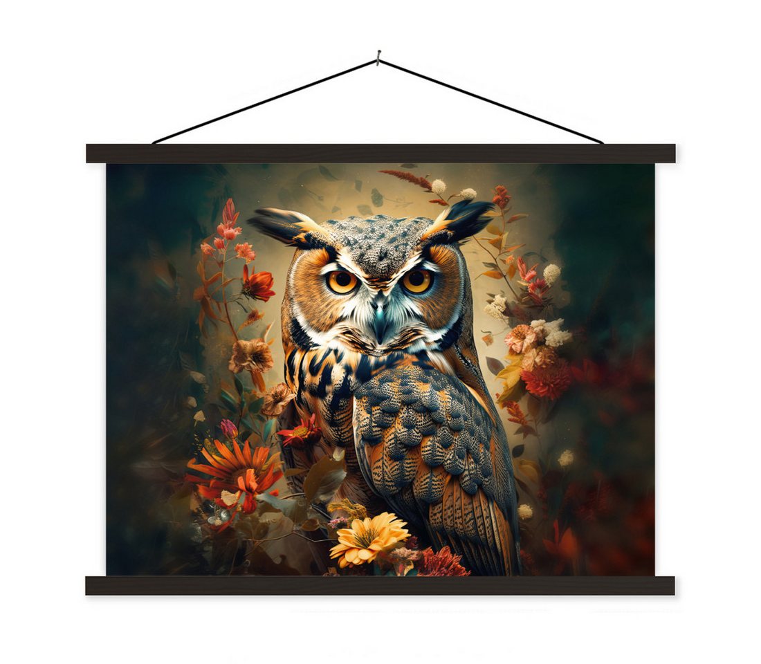 MuchoWow Poster Eule - Vogel - Blumen - Botanisch, (1 St), Magnetische Posterleiste, Holzleisten, Textilposter, 40x30 cm von MuchoWow