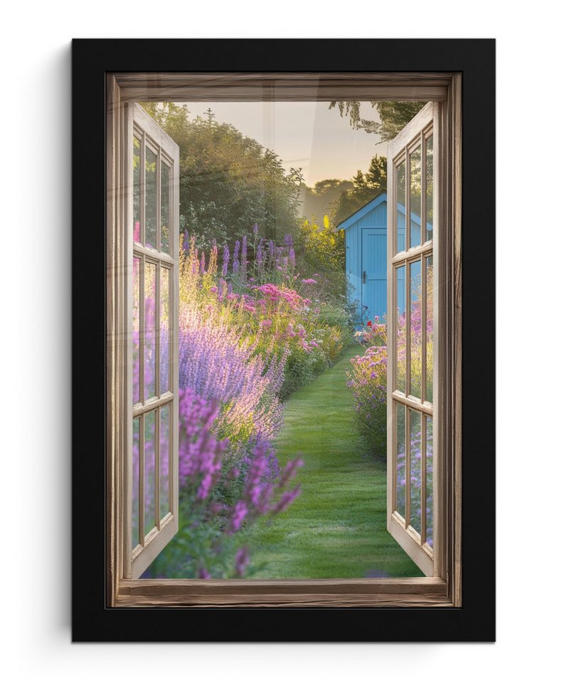 MuchoWow Poster Fensterblick - Blumen - Fenster - Natur, (1 St), Bilderrahmen, Zimmer Deko, Bild für Wohnzimmer, 20x30 cm von MuchoWow