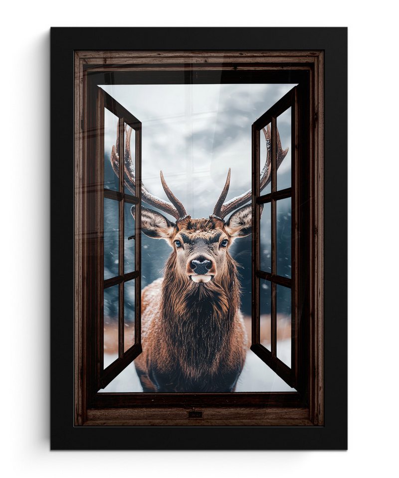 MuchoWow Poster Fensterblick - Hirsche - Tiere - Landschaft - Winter - Schnee - Ländli, (1 St), Bilderrahmen, Zimmer Deko, Bild für Wohnzimmer, 20x30 cm von MuchoWow