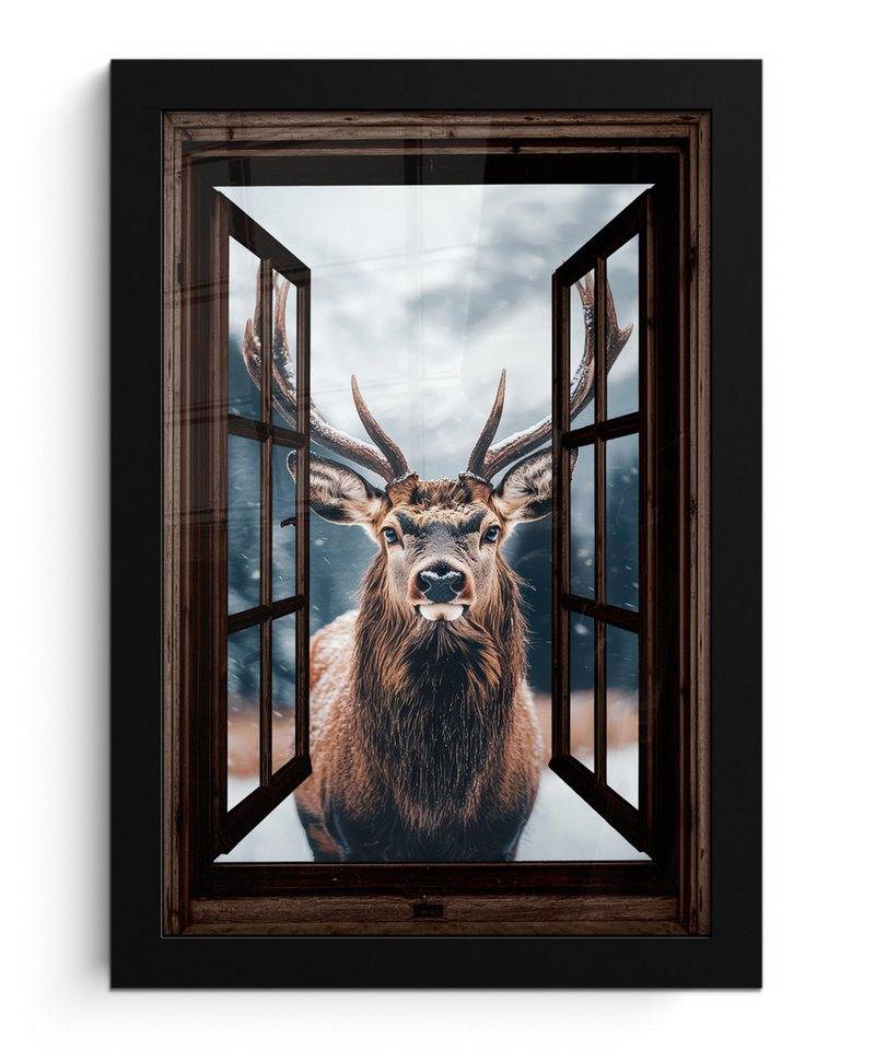 MuchoWow Poster Fensterblick - Hirsche - Tiere - Landschaft - Winter - Schnee - Ländli, (1 St), Bilderrahmen, Zimmer Deko, Bild für Wohnzimmer, 20x30 cm von MuchoWow