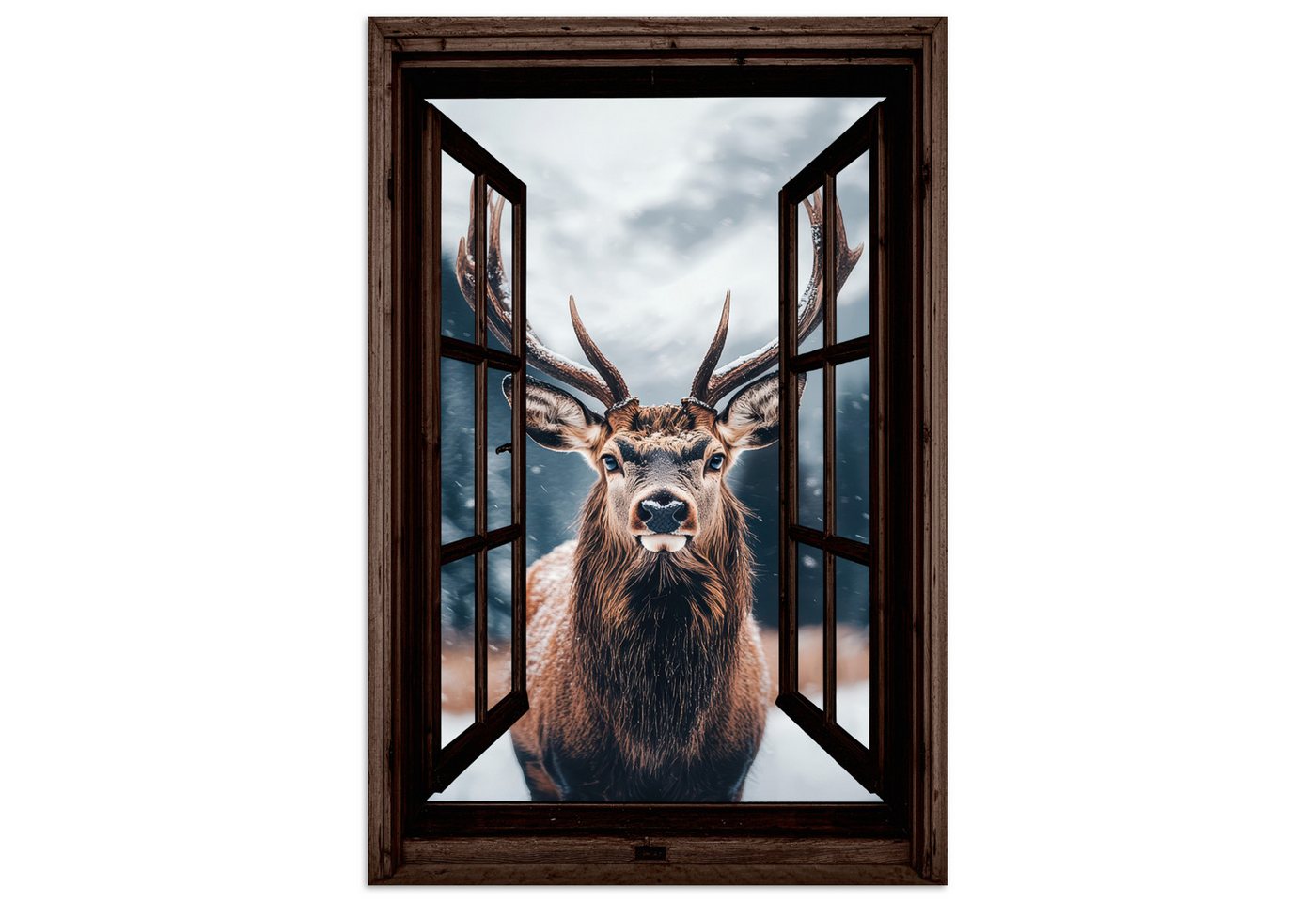 MuchoWow Poster Fensterblick - Hirsche - Tiere - Landschaft - Winter - Schnee - Ländli, (1 St), Poster ohne Rahmen, Wandbild, Wandposter, 20x30 cm von MuchoWow