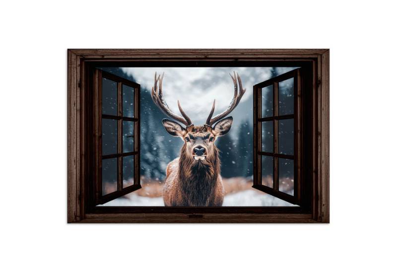 MuchoWow Poster Fensterblick - Hirsche - Tiere - Landschaft - Winter - Schnee - Ländli, (1 St), Poster ohne Rahmen, Wandbild, Wandposter, 20x30 cm von MuchoWow