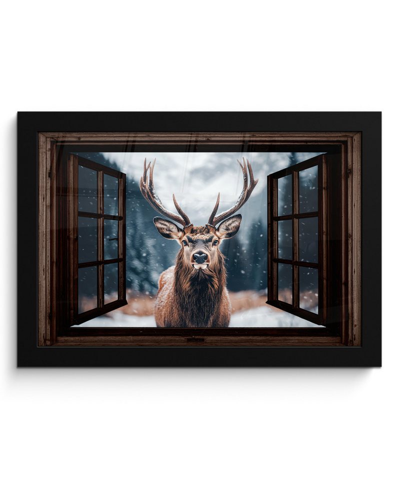 MuchoWow Poster Fensterblick - Hirsche - Tiere - Landschaft - Winter - Schnee - Ländli, (1 St), Wandbilder, Deko Wohnzimmer Schlafzimmer, 30x20 cm von MuchoWow