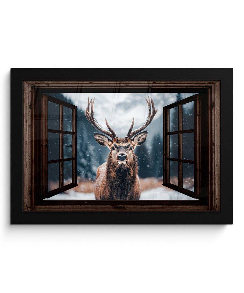 MuchoWow Poster Fensterblick - Hirsche - Tiere - Landschaft - Winter - Schnee - Ländli, (1 St), Wandbilder, Deko Wohnzimmer Schlafzimmer, 30x20 cm von MuchoWow