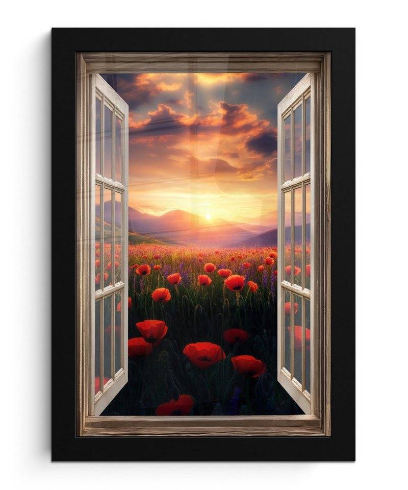 MuchoWow Poster Fensterblick - Mohnblumen - Blumen - Rot - Offenes Fenster, (1 St), Bilderrahmen, Zimmer Deko, Bild für Wohnzimmer, 20x30 cm von MuchoWow