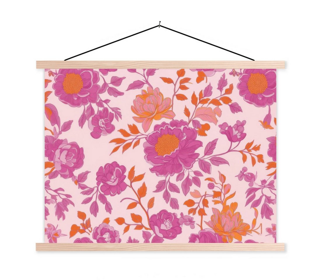 MuchoWow Poster Florales Muster - Rosa - Orange - Blumen, (1 St), Posterleiste, Textilposter für Wohnzimmer, Bilderleiste, 40x30 cm von MuchoWow