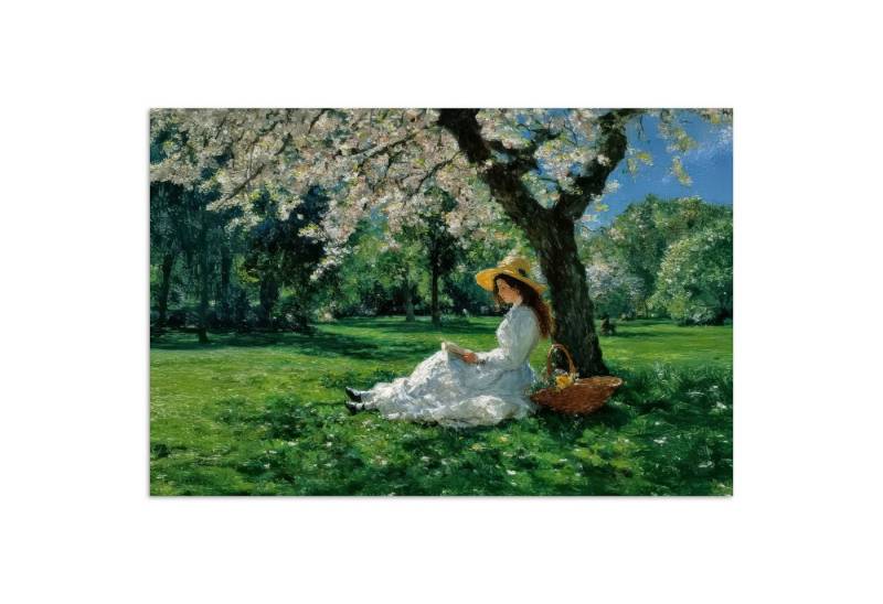 MuchoWow Poster Frau - Baum - Buch - Korb, (1 St), Poster ohne Rahmen, Wandbild, Wandposter, 20x30 cm von MuchoWow