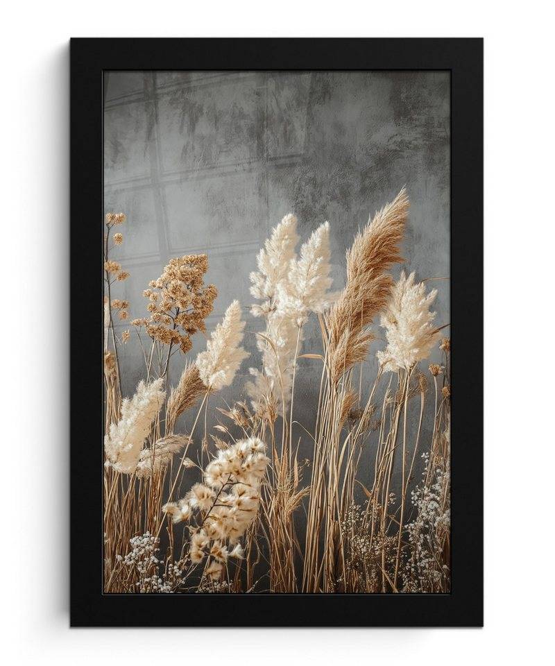 MuchoWow Poster Getrocknete Feldblumen - Grau - Beton, (1 St), Bilderrahmen, Zimmer Deko, Bild für Wohnzimmer, 20x30 cm von MuchoWow
