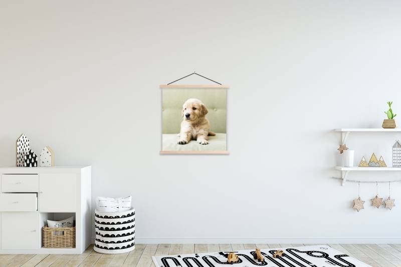 MuchoWow Poster Golden Retriever Welpe auf dem Sofa liegend, (1 St), Posterleiste, Textilposter für Wohnzimmer, Bilderleiste, 40x40 cm von MuchoWow