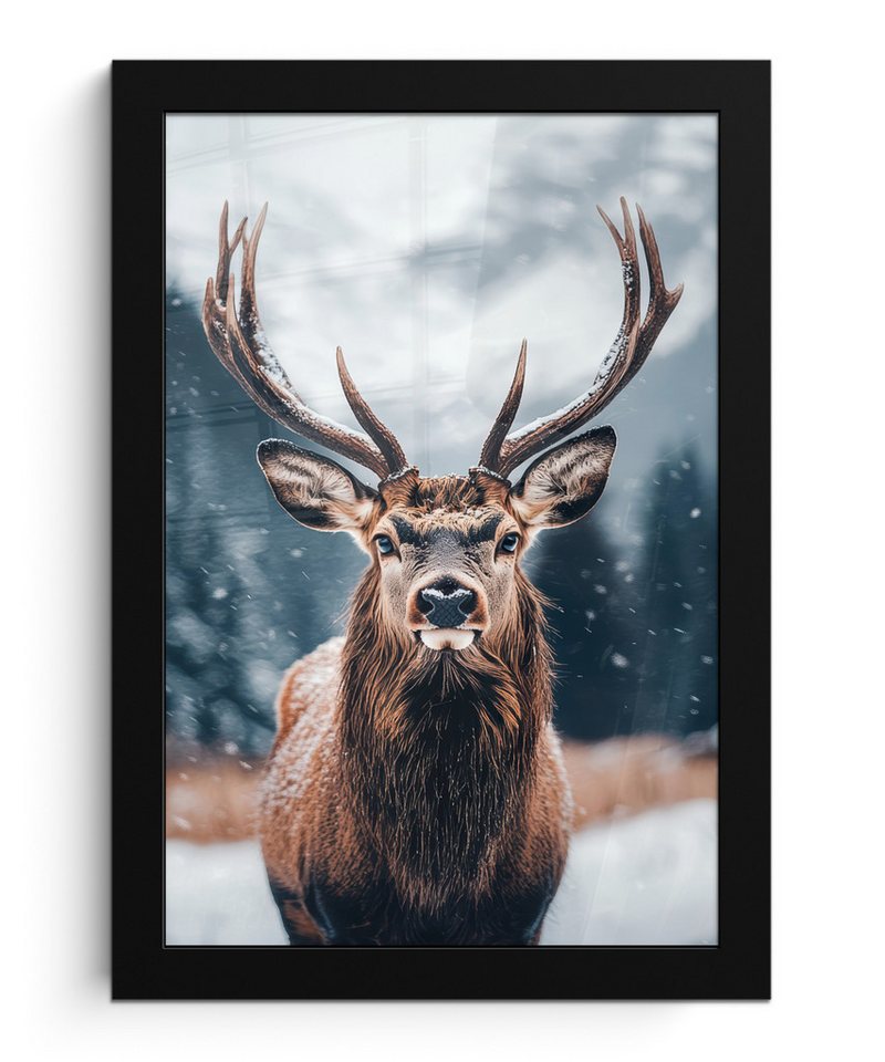 MuchoWow Poster Hirsche - Tiere - Landschaft - Winter - Schnee, (1 St), Bilderrahmen, Zimmer Deko, Bild für Wohnzimmer, 20x30 cm von MuchoWow