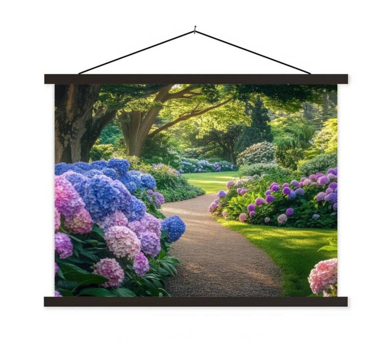 MuchoWow Poster Hortensienpark - Weg, (1 St), Magnetische Posterleiste, Holzleisten, Textilposter, 40x30 cm von MuchoWow
