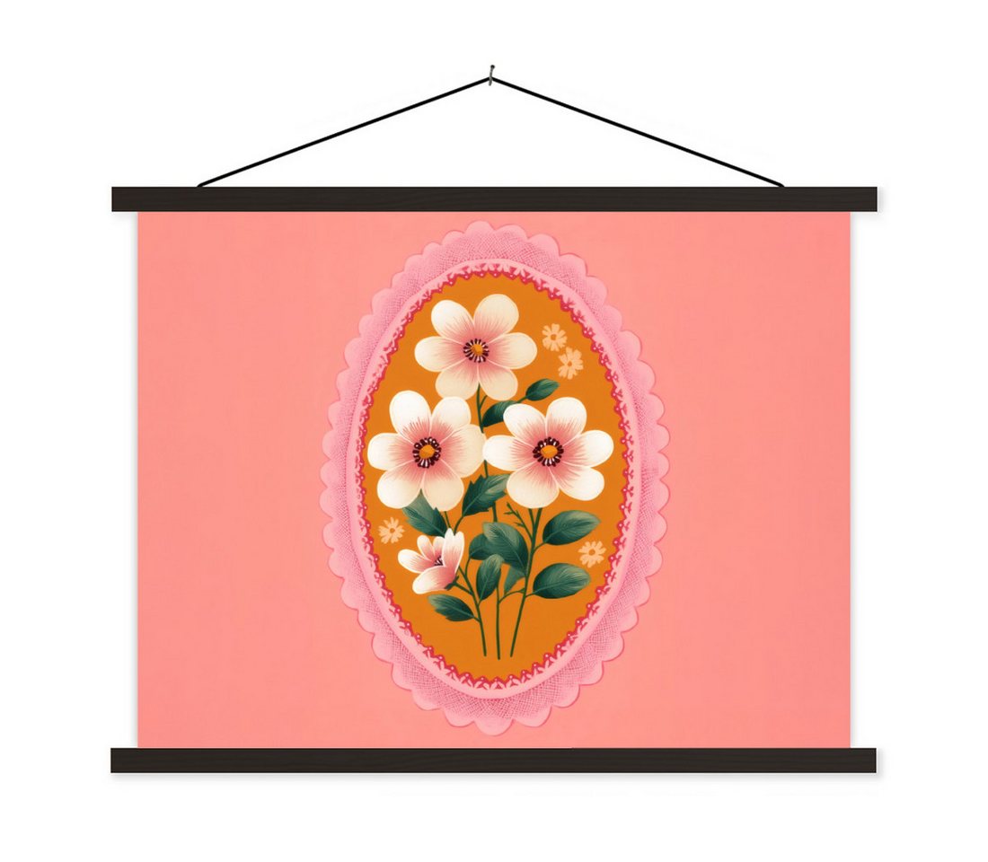 MuchoWow Poster Illustration - Blumen - Bordüre - Rosa, (1 St), Magnetische Posterleiste, Holzleisten, Textilposter, 40x30 cm von MuchoWow
