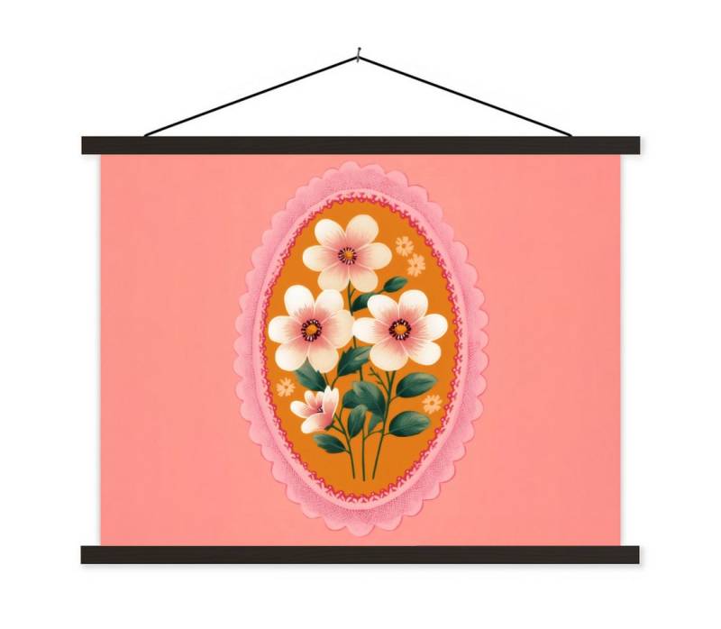 MuchoWow Poster Illustration - Blumen - Bordüre - Rosa, (1 St), Magnetische Posterleiste, Holzleisten, Textilposter, 40x30 cm von MuchoWow