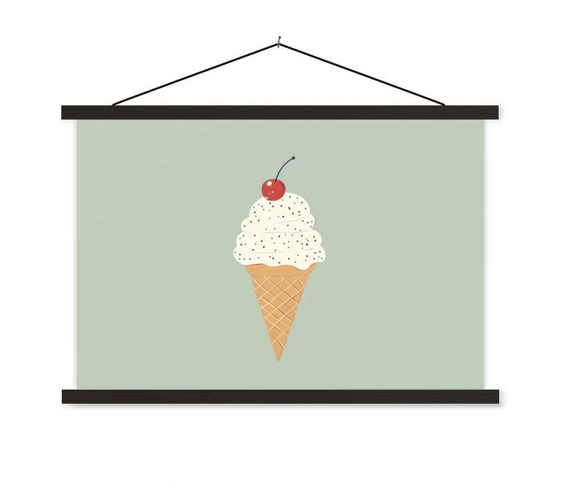 MuchoWow Poster Illustration - Eiscreme - Sprenkeln - Kirsche, (1 St), Magnetische Posterleiste, Holzleisten, Textilposter, 60x40 cm von MuchoWow