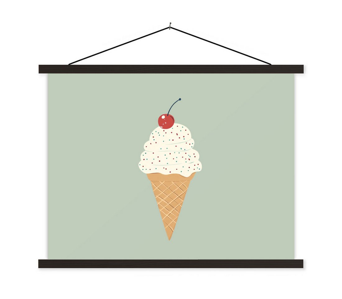 MuchoWow Poster Illustration - Eiscreme - Sprenkeln - Kirsche, (1 St), Magnetische Posterleiste, Holzleisten, Textilposter, 40x30 cm von MuchoWow