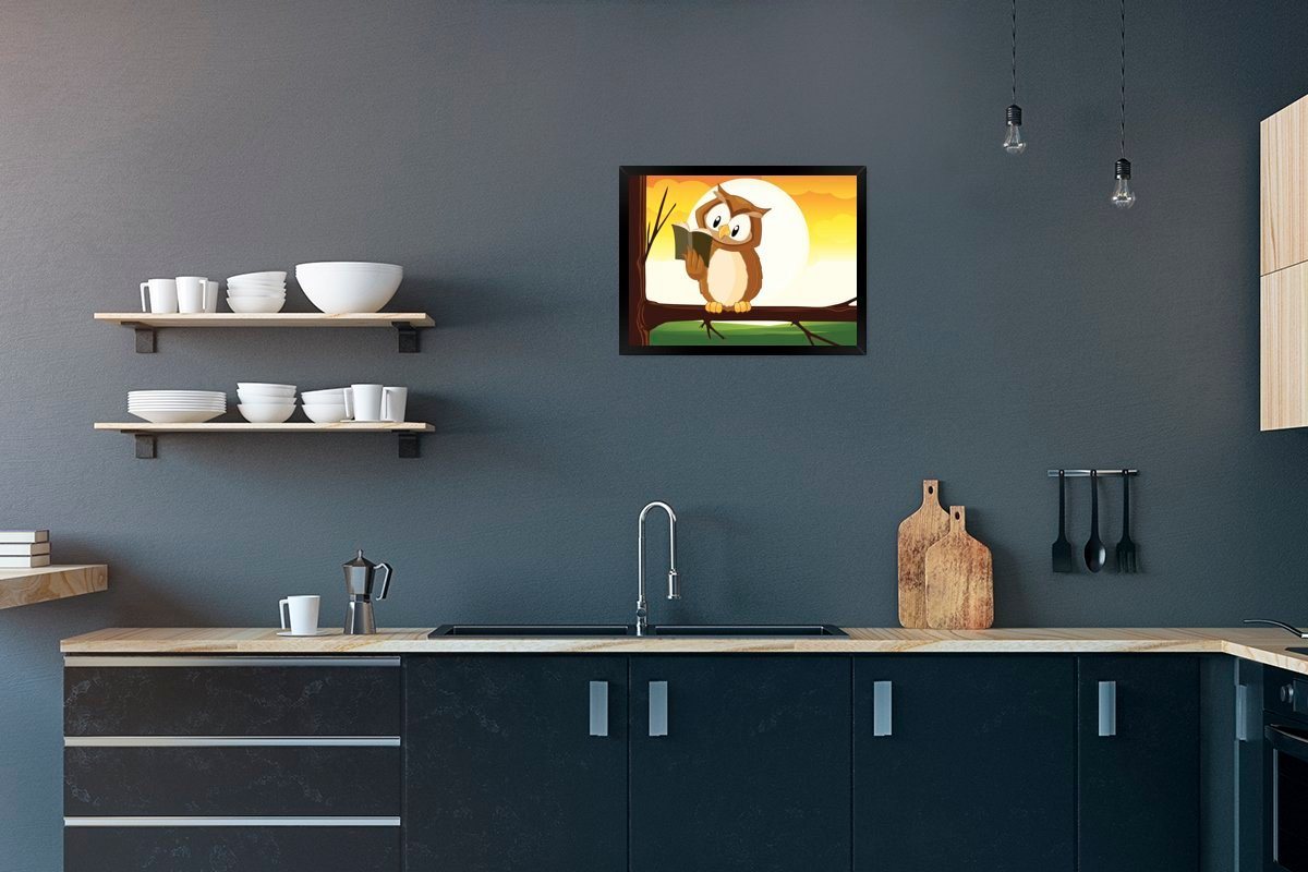 MuchoWow Poster Illustration einer Leseeule, (1 St), Bilderrahmen, Deko für Wohnzimmer und Schlafzimmer, 40x30 cm von MuchoWow