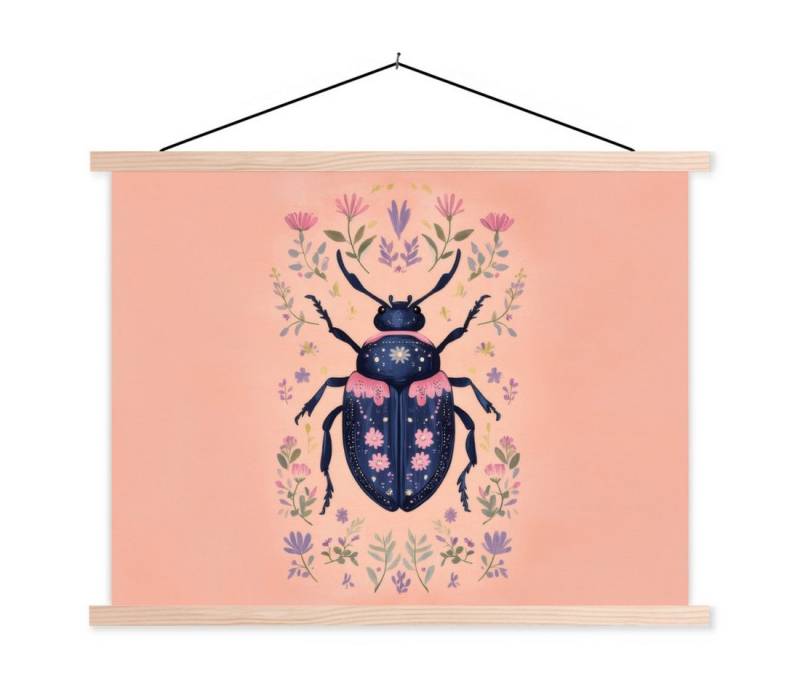 MuchoWow Poster Käfer - Dunkelblau - Blumen - Zierpflanze, (1 St), Posterleiste, Textilposter für Wohnzimmer, Bilderleiste, 40x30 cm von MuchoWow