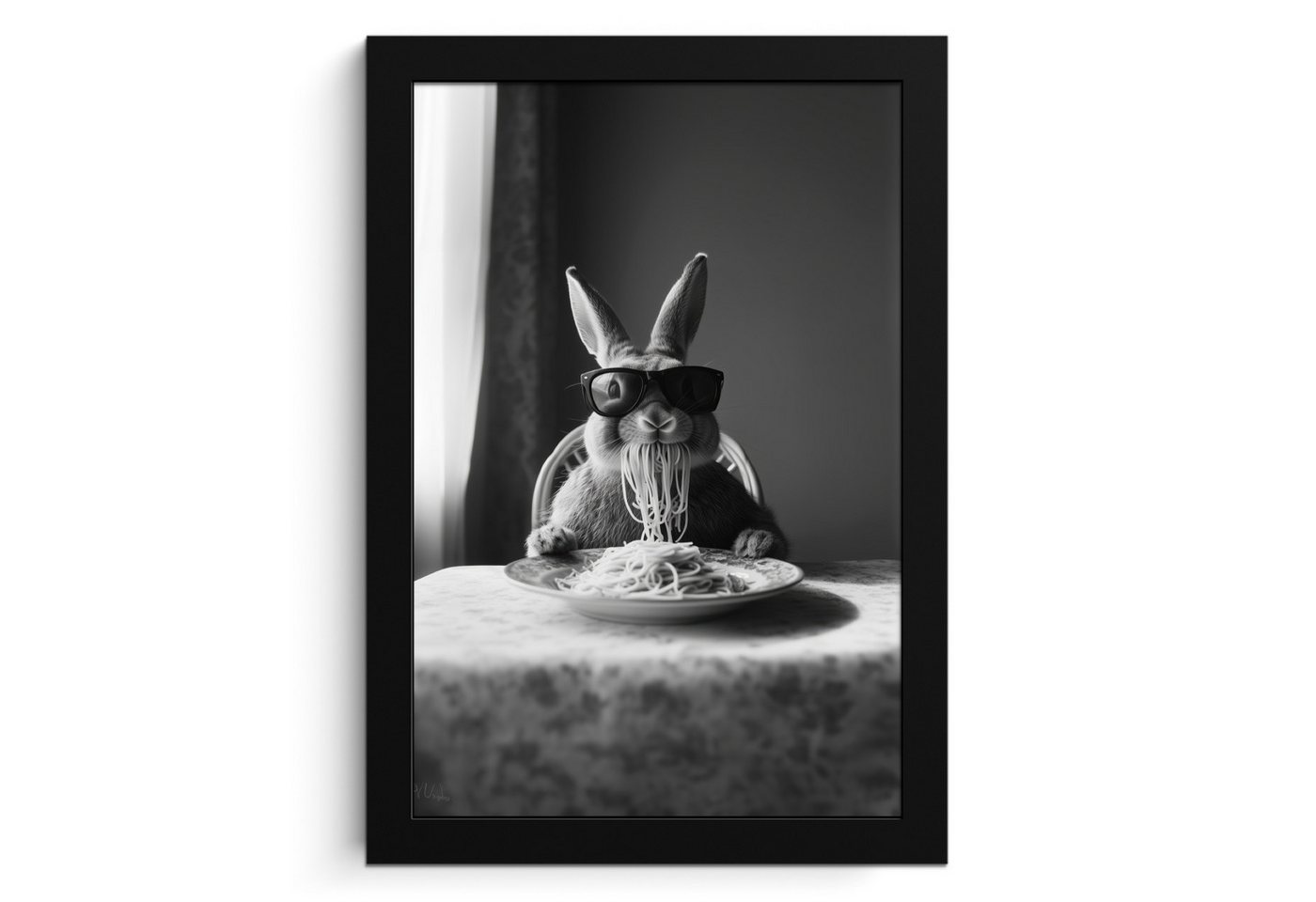 MuchoWow Poster Kaninchen - Hase - Sonnenbrille - Tischtuch - Nudeln - Niedlich, (1 St), 20x30 cm von MuchoWow