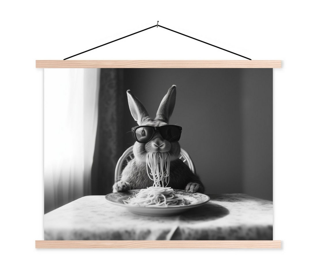 MuchoWow Poster Kaninchen - Hase - Sonnenbrille - Tischtuch - Nudeln - Niedlich, (1 St), Posterleiste, Textilposter für Wohnzimmer, Bilderleiste, 40x30 cm von MuchoWow