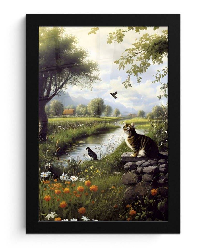 MuchoWow Poster Katze - Bach - Wiese, (1 St), Bilderrahmen, Zimmer Deko, Bild für Wohnzimmer, 20x30 cm von MuchoWow
