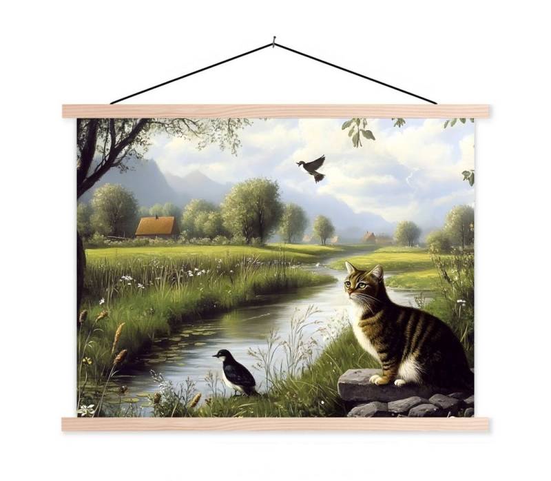 MuchoWow Poster Katze - Bach - Wiese, (1 St), Posterleiste, Textilposter für Wohnzimmer, Bilderleiste, 40x30 cm von MuchoWow