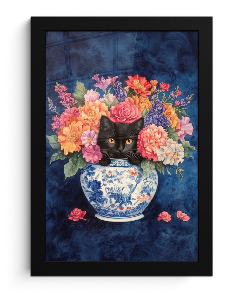 MuchoWow Poster Katze - Bunte Blumen - Vase, (1 St), Bilderrahmen, Zimmer Deko, Bild für Wohnzimmer, 20x30 cm von MuchoWow