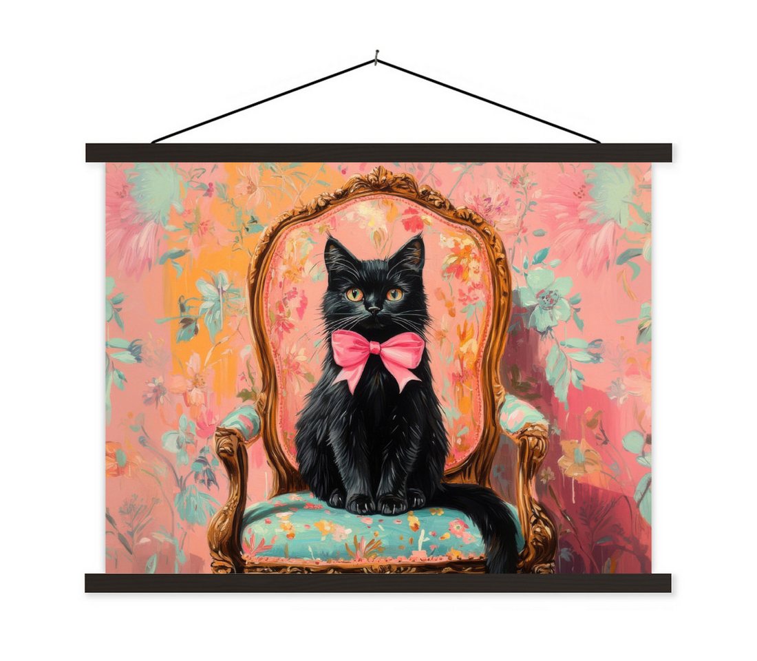 MuchoWow Poster Katze - Rosa - Stuhl mit Blumenmuster, (1 St), Magnetische Posterleiste, Holzleisten, Textilposter, 40x30 cm von MuchoWow
