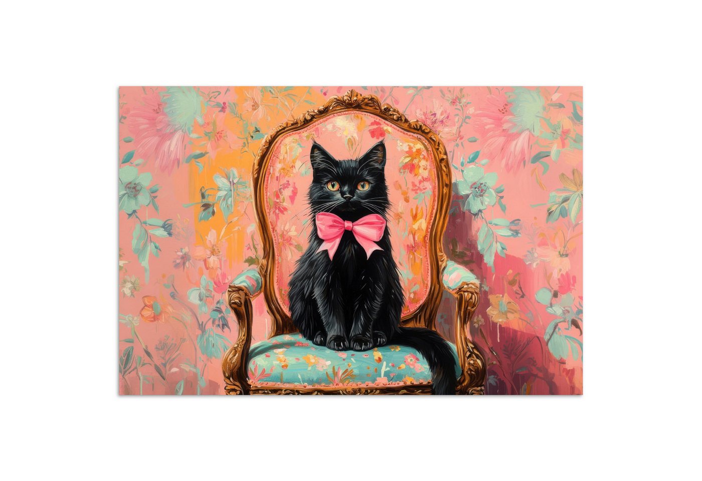 MuchoWow Poster Katze - Rosa - Stuhl mit Blumenmuster, (1 St), Poster ohne Rahmen, Wandbild, Wandposter, 30x20 cm von MuchoWow