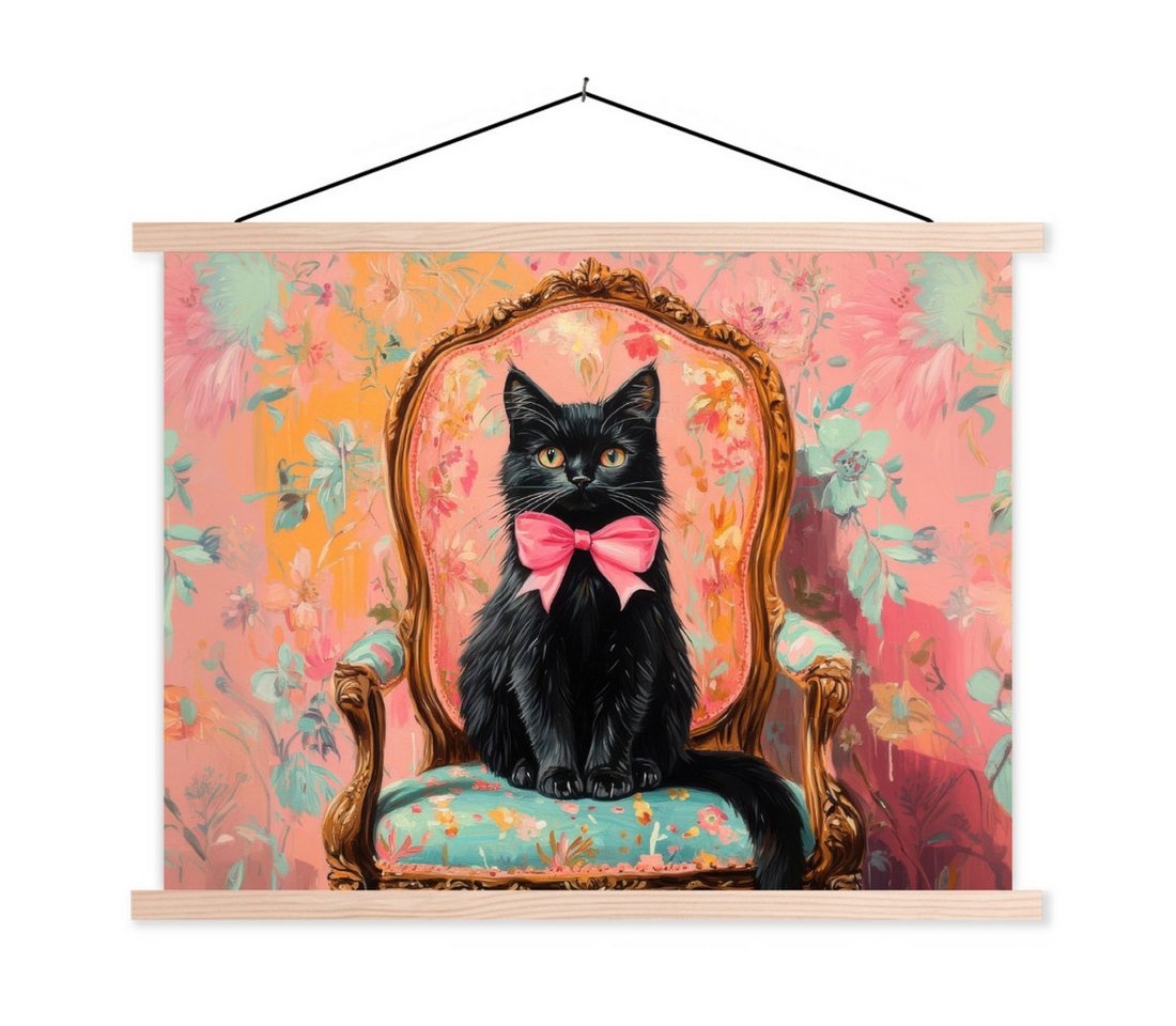 MuchoWow Poster Katze - Rosa - Stuhl mit Blumenmuster, (1 St), Posterleiste, Textilposter für Wohnzimmer, Bilderleiste, 40x30 cm von MuchoWow