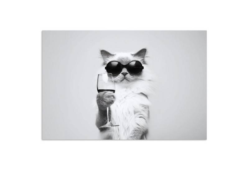 MuchoWow Poster Katze - Sonnenbrille - Weinglas - Langhaarig, (1 St), Poster ohne Rahmen, Wandbild, Wandposter, 30x20 cm von MuchoWow