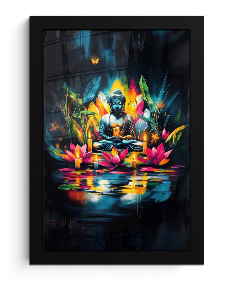 MuchoWow Poster Kerzen - Blumen - Buddha - Wasser, (1 St), Bilderrahmen, Zimmer Deko, Bild für Wohnzimmer, 20x30 cm von MuchoWow