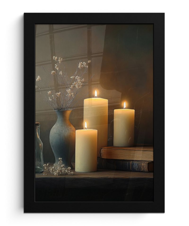 MuchoWow Poster Kerzen - Stilleben - Rustikal - Bücher, (1 St), Bilderrahmen, Zimmer Deko, Bild für Wohnzimmer, 20x30 cm von MuchoWow