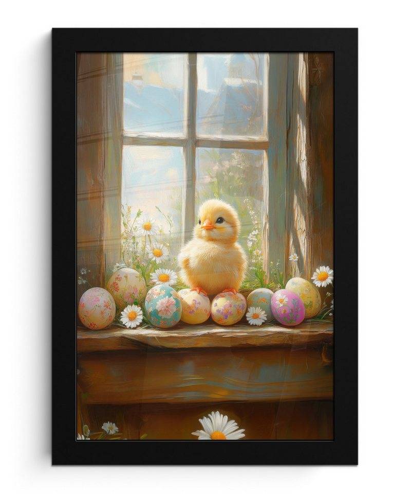 MuchoWow Poster Küken - Fenster - Ostereier, (1 St), Bilderrahmen, Zimmer Deko, Bild für Wohnzimmer, 20x30 cm von MuchoWow