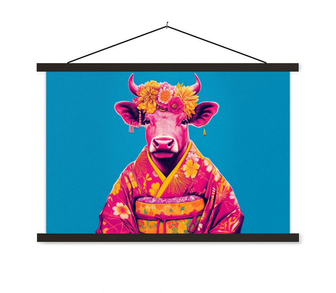 MuchoWow Poster Kuh - Blütenkranz - Ohrringe - Kimono von MuchoWow