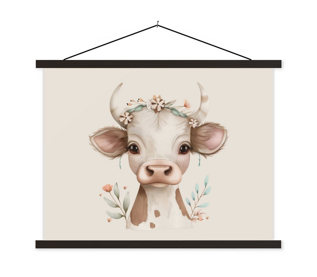 MuchoWow Poster Kuh - böhmisch - Kalb - Blumen, (1 St), Magnetische Posterleiste, Holzleisten, Textilposter, 40x30 cm von MuchoWow