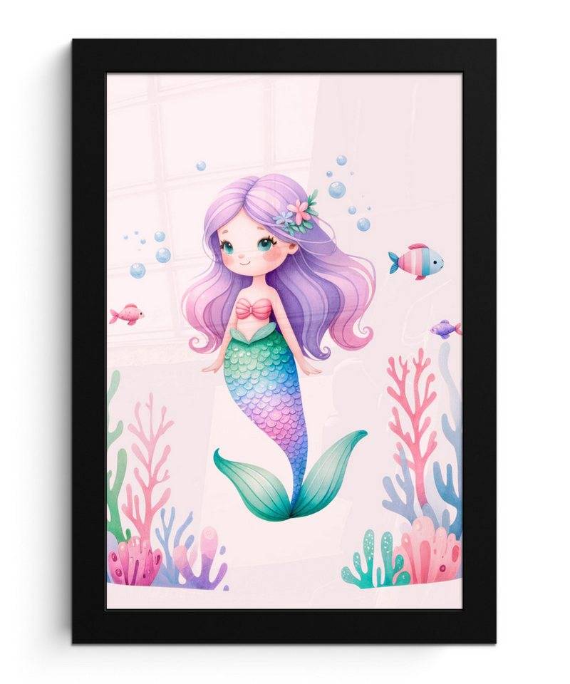MuchoWow Poster Meerjungfrau - Lila - Meerestiere - Unterwasser - Fisch, (1 St), Bilderrahmen, Zimmer Deko, Bild für Wohnzimmer, 20x30 cm von MuchoWow