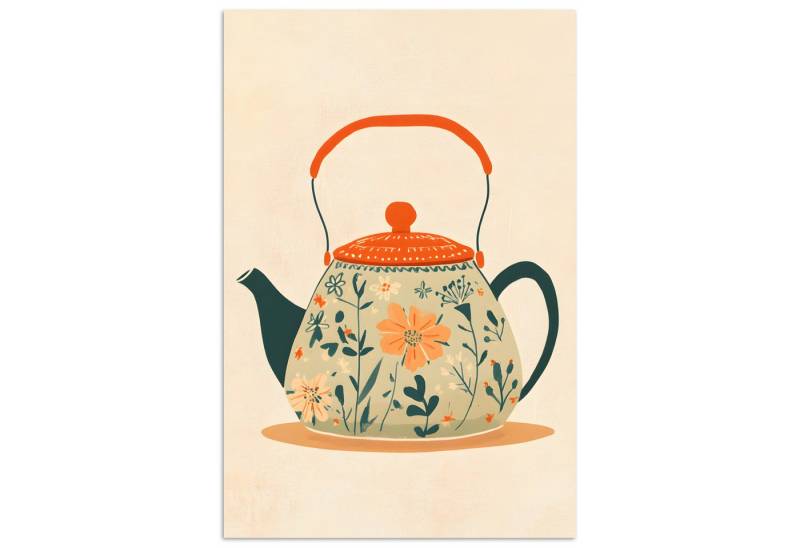 MuchoWow Poster Orange - Teekanne - Blumen - Blätter, (1 St), Poster ohne Rahmen, Wandbild, Wandposter, 20x30 cm von MuchoWow