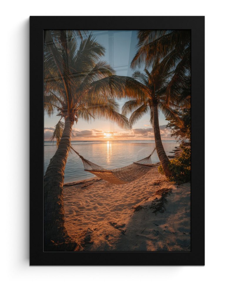 MuchoWow Poster Palmen - Hängematte - Strand - Sonnenuntergang, (1 St), Bilderrahmen, Zimmer Deko, Bild für Wohnzimmer, 20x30 cm von MuchoWow